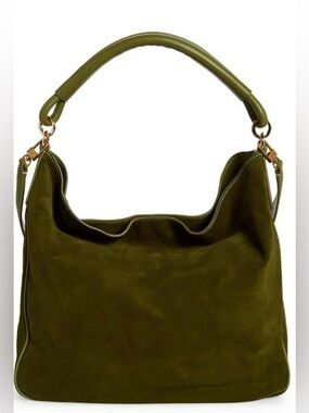 STAUD Olive Suede Hobo Shoulder Bag with Gold Hardware
